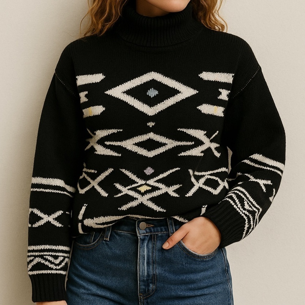 Vintage 80s Gitano Southwestern Geometric Black Turtleneck Sweater S